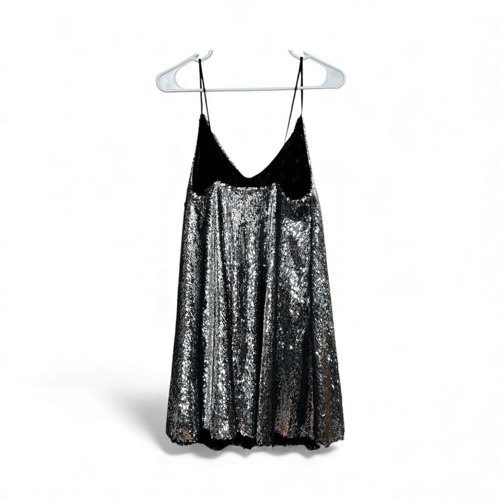 NWT Zara Women's Small Sequin Spaghetti Mini Slip A-line Dress Silver‎ Sparkle - Picture 3 of 7